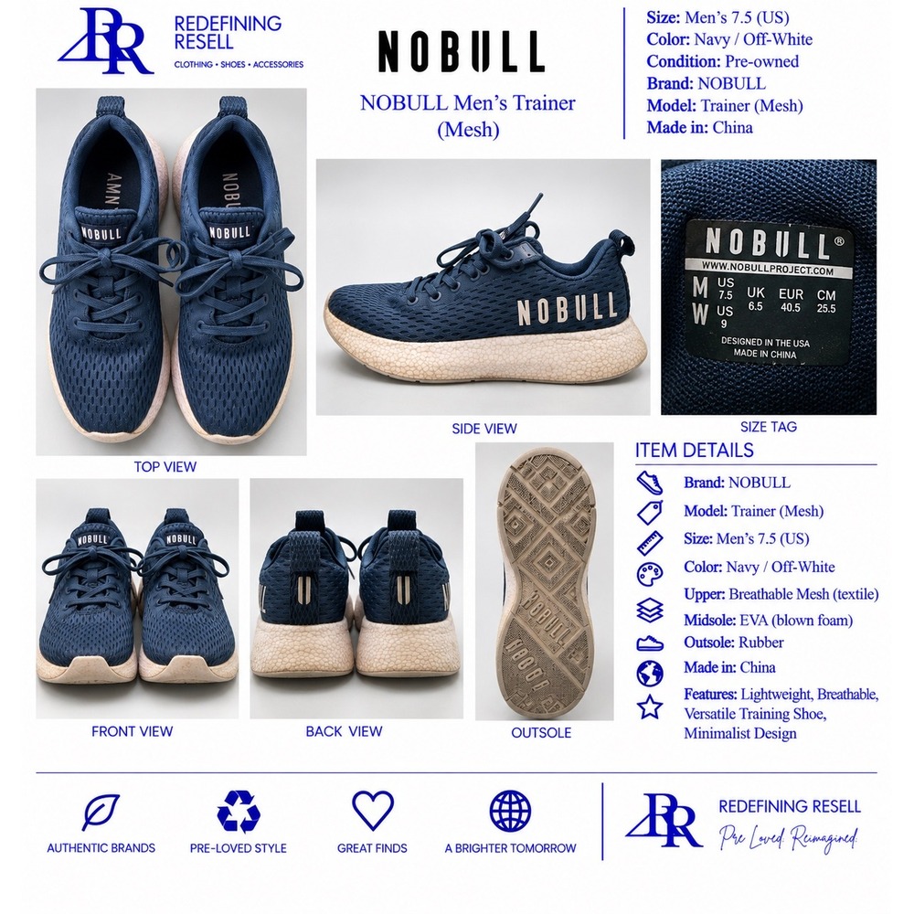 NOBULL Mens Mesh Trainer Navy Off White Athletic Training Shoes Size 7.5